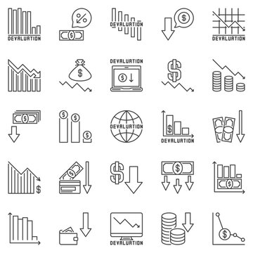 Devaluation outline icons set - Currency Depreciation concept symbols