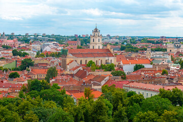 Panoramic old of old historic part of Vilnius with red roofs and traditions architecture in Lithuania