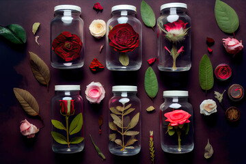 Fluid-preserved red rose specimens in glass jars knolling