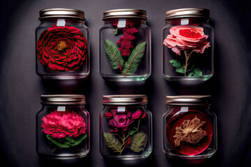 Fluid-preserved red rose specimens in glass jars knolling