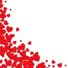 Love valentine background with red petals of hearts on white background. Vector banner, postcard, background.The 14th of February. Vector EPS 10