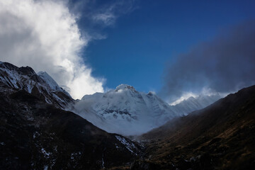 Annapurna South visible from Machhapuchhre Base Camp. Mountain landscape in Himalaya, Nepal.