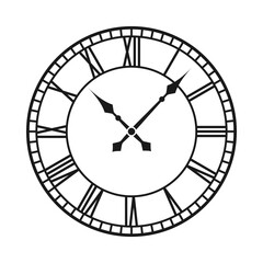 Vintage clock with Roman numerals. Antique time design. Old wall clock face design.