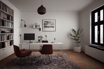 mock up poster frame in boho interior background, wooden living room design, Scandinavian style. Generative AI illustration