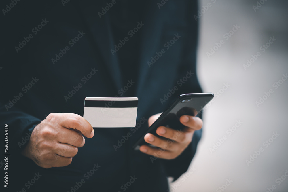 Poster man paying and shopping with smartphone application. digital money transfer, banking and e commerce 