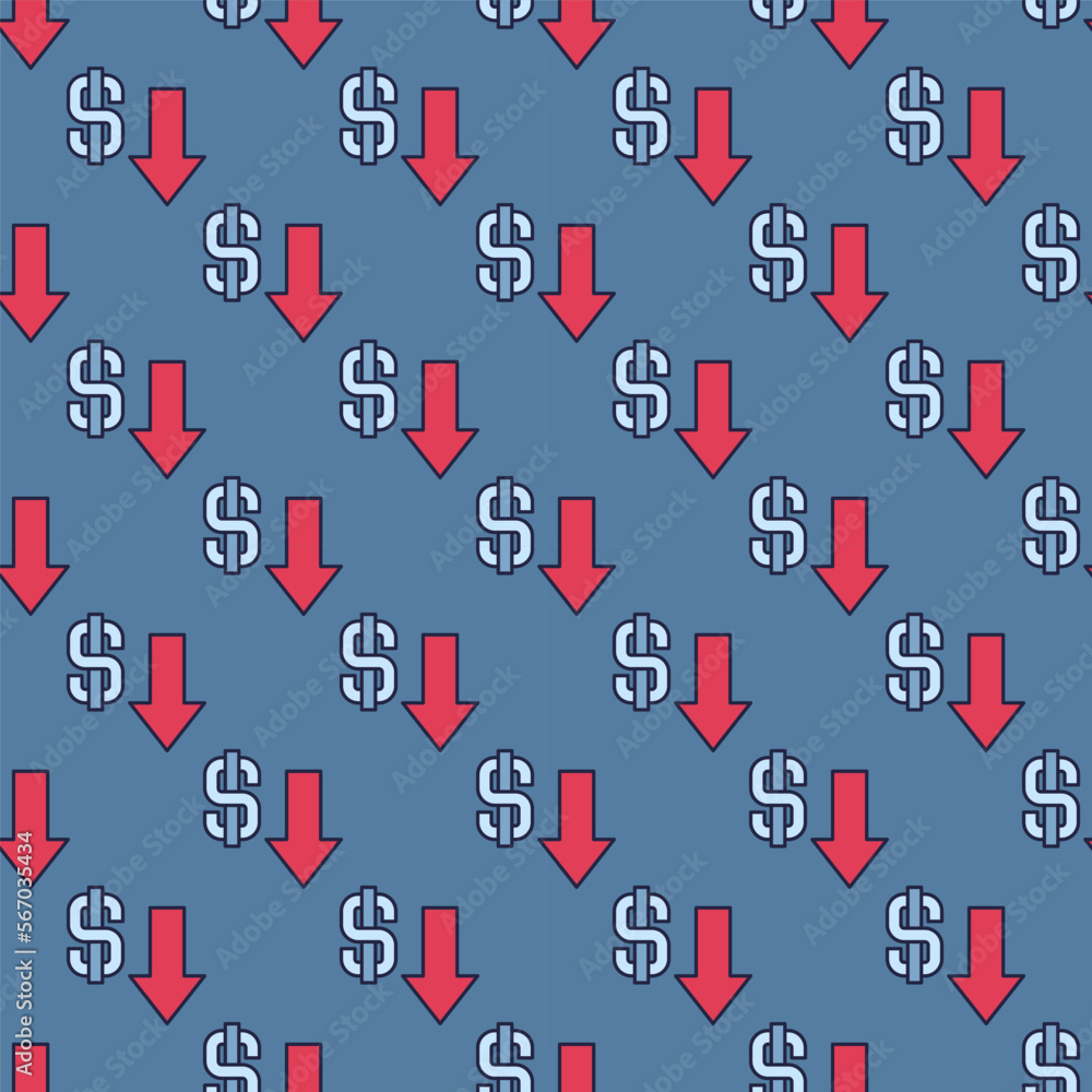 Poster dollar devaluation with falling arrow vector colored seamless pattern