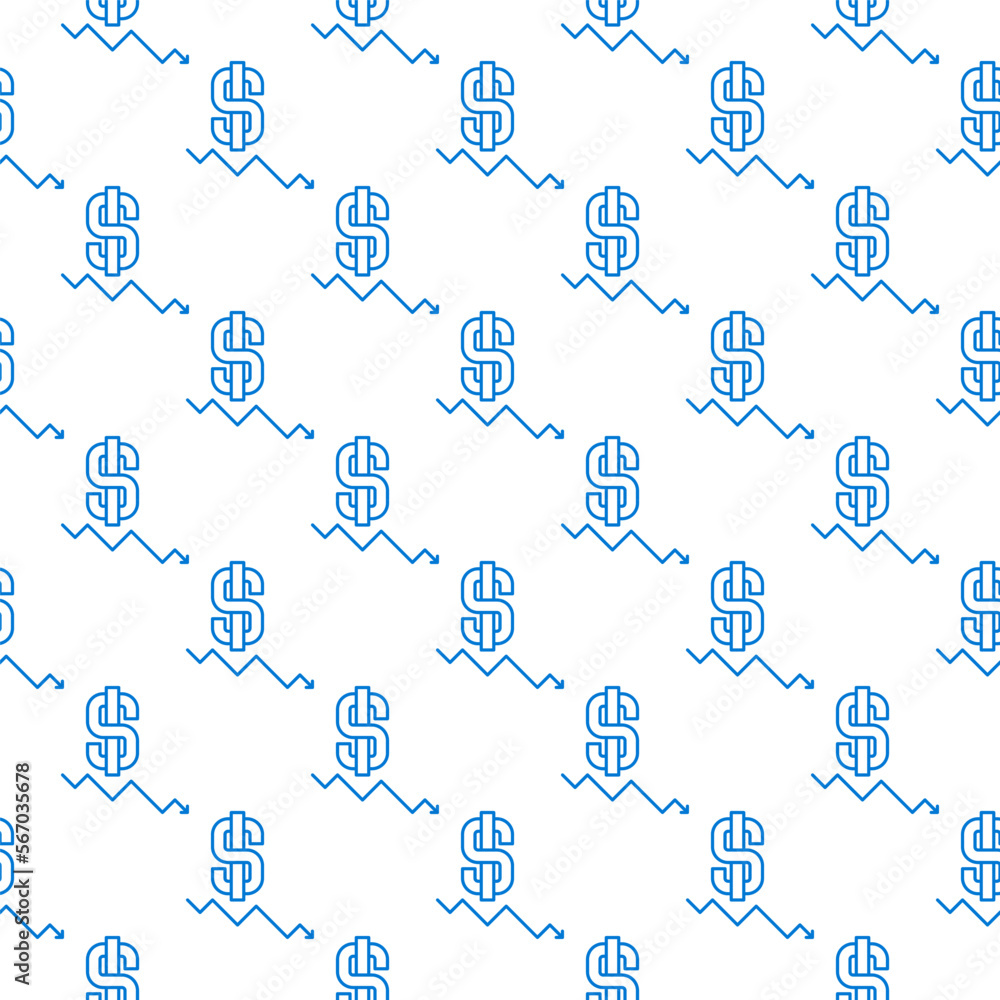 Poster dollar sign with falling arrow - devaluation vector seamless pattern