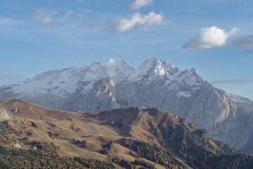 A view of the Marmolada glacier from the Passo Sella, Dolomites mountains, Trentino-Alto-Adige, Italy