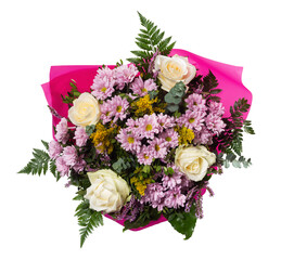 top view pink and white flower bouquet isolated on transparent