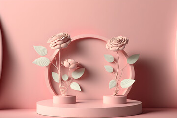 3D rose flowers valentine's day podium pastel pink background Minimal and Luxury style for beauty, cosmetic product, realistic, Generative AI.