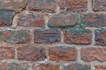 a wall of red bricks of various shades, covered with green moss and chips, with signs of destruction. background texture close-up