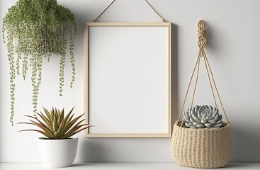 empty picture frame hanging on wall idea for mock up background, minimalism interior design, Generative Ai