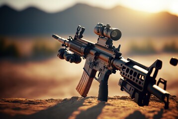 assault rifle with blur mountain background, Generative Ai