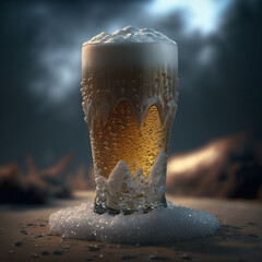  Generative AI illustration of conceptual art  3d super chilled draft beer glass with foam running down the rim and barley grains falling from above, Concept art - obrazy, fototapety, plakaty