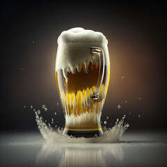  Generative AI illustration of conceptual art  3d super chilled draft beer glass with foam running down the rim and barley grains falling from above, Concept art - obrazy, fototapety, plakaty