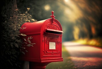 red mailbox with nature blur background, Generative Ai - obrazy, fototapety, plakaty