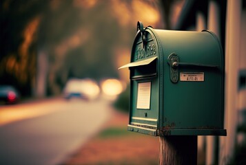 green  mailbox with nature blur background, Generative Ai