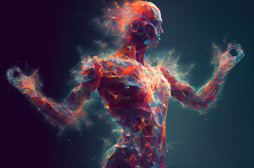 Human-like robotic surreal character consisting of particles that look like fire against dark blue background. Generative AI - 567038444