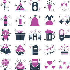 Party and celebration icons set, party vector icons, party icons pack, new year icons pack, event icons set, celebration icons set, vector icons set, icons set, party glyph dual icons pack