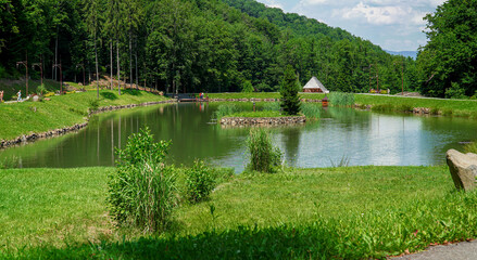 park in the forest with a lake, summer lake in the park