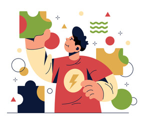 A boy in a red T-shirt collects puzzles. Vector illustration, character design.