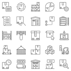 Inventory and Storage outline icons set - Warehouse and Boxes linear symbols