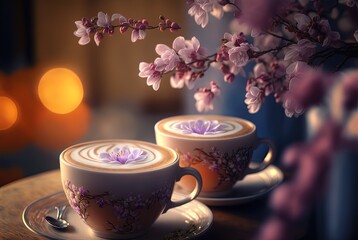 Obraz na płótnie Canvas Artistic beautiful romance two cups of latte coffee or chocolate serve with cherry blossom flower branch, spring season and national spring festival theme drink, idea for background or wallpaper
