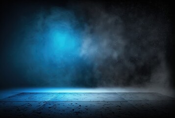 blue, spotlights shine on stage floor in dark room, idea for background, backdrop, mock up, Generative Ai
