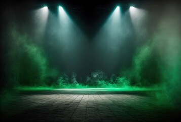 Fototapeta green spotlights shine on stage floor in dark room, idea for background, backdrop, mock up, Generative Ai
 obraz