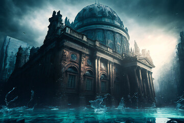 Fototapeta premium Abandoned Berlin City in the future. Empty roads and a dystopian atmosphere in a post-apocalyptic Germany - Generative AI 