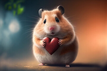 Cute hamster holding a heart. Valentine's day concept Theme 3D render generated by AI.