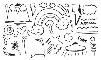 Hand drawn doodle design elements.thunderbolt, cloud, Arrow, heart, line, hill. doodle sketch design elements.