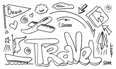 Set of hand drawn travel doodle. Vector illustration.Doodle art world travel collection design.