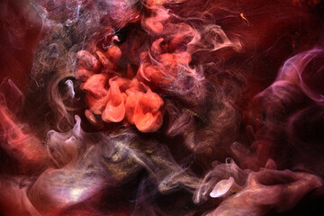 Red black ink abstract background. Acrylic paint backdrop for perfume, hookah, cosmetics. Mysterious smoke clouds, colorful fog © amixstudio