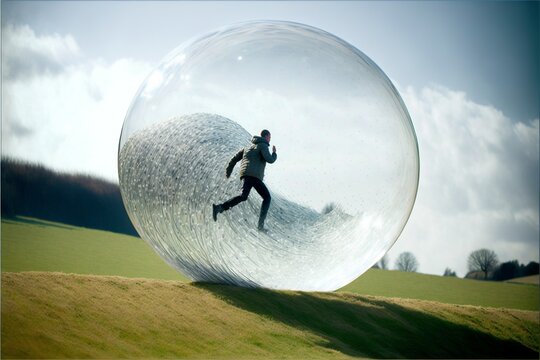 Zorbing man rolling down a hill in a transparent plastic ball sphere extreme sport illustration design mockup