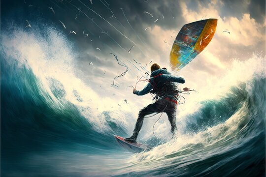 Kitesurfing sport kiteboarders use a power kite to propel themselves across the ocean extreme sport illustration