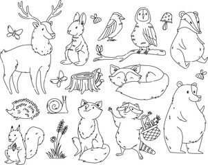 Black outline forest animals and nature elements isolated clipart set for coloring page	