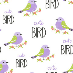 cartoon seamless pattern with bird on branch