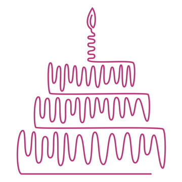Continuous linear drawing of a birthday cake. Cake with a candle. Birthday celebration concept isolated on a white background. Vector illustration of a hand-drawn design