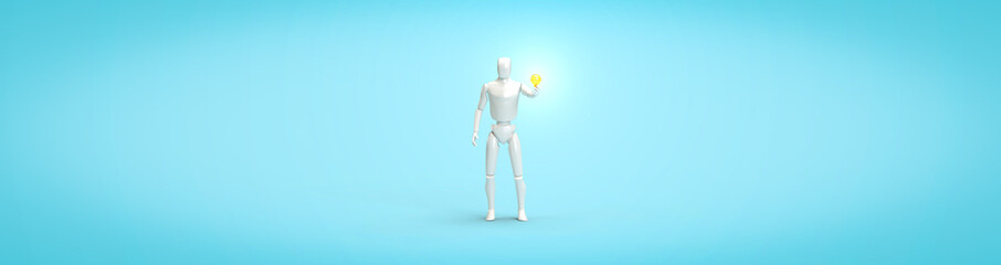 A modern human robot holds an electric light bulb in his hand. 3d render on the topic of technology, Internet, electricity, electronic devices. Modern minimal style, blue background.