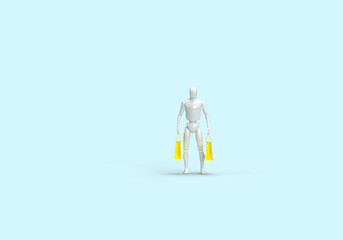 A modern robot comes with yellow bags from the store. 3d render on the topic of shopping, shopping, artificial intelligence and technology. Blue background.