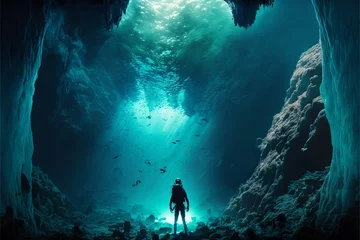Wall murals Green Blue Freshwater cave diving man exploring a submerged cave system extreme sport subaquatic illustration landscape