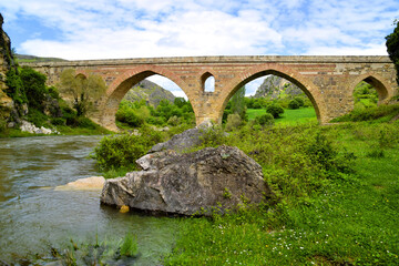 Fototapeta na wymiar historical bridge with stream and blue sky in Turkey
