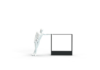 A modern human robot holds a sign in its hands. 3d render on the topic of advertising, billboard and artificial intelligence. Transparent background.
