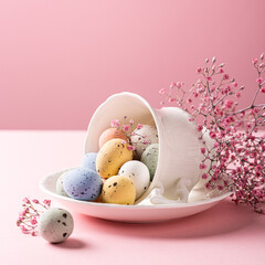 Easter composition with spring flowers and colorful quail eggs in porcelain white coffee cup over pink background. Springtime and Easter holiday concept with copy space