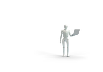 A modern human robot is holding a laptop in his hands. 3d render on the topic of technology, engineering, neural networks and artificial intelligence. Transparent background.