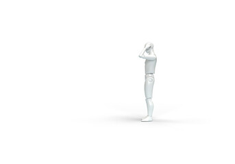A modern human robot is holding a smartphone in its hands. The robot is talking on the phone. 3d render on the topic of communication and artificial intelligence. Transparent background.
