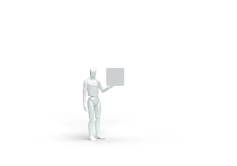 A modern human robot holds a sign in its hands. 3d render on the topic of advertising, billboard and artificial intelligence. Transparent background.