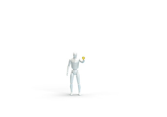 A modern human robot holds an electric light bulb in his hand. 3d render on the topic of technology, Internet, electricity, electronic devices. Modern minimal style, transparent background.