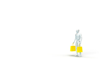 A modern robot comes with yellow bags from the store. 3d render on the topic of shopping, shopping, artificial intelligence and technology. Transparent background.